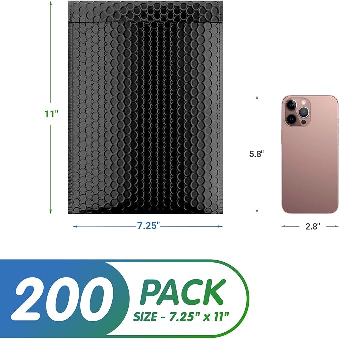Poly Bubble Mailers, 7.25 x 11 Inch Matte Black Padded Mailers, Self Seal Shipping Envelopes, Lightweight Poly Mailer Bags, Waterproof Mailing Bags, Pack of 200