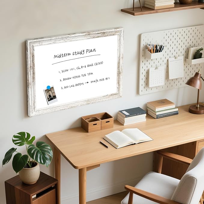 White Board for Wall, 24'' x 18'' Magnetic Dry Erase Board, Rustic | Wooden Frame, Decorative Whiteboard, Wall Mounted, for Home, Office, Kitchen, Dorm, 4 Markers, 6 Magnets, A Eraser