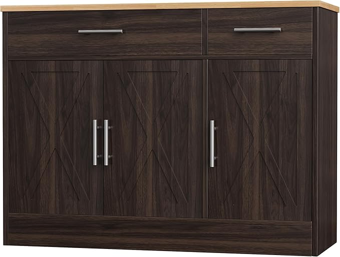 Shintenchi Modern Farmhouse Sideboard Buffet Cabinet,Barn Doors Buffet Cabinet with 2 Drawers & 3 Doors,Wood Coffee Bar Cabinet with Adjustable Shelf for Kitchen Living Room,Brown