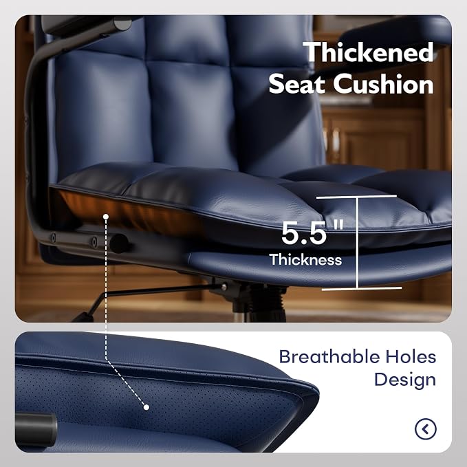 Mid Century Modern Desk Chair, Vintage Leather Office Chair, Blue | Petite Computer Chair for Small to Medium Women, Thickened Back, Cozy Seat, Adjustable Height for Home