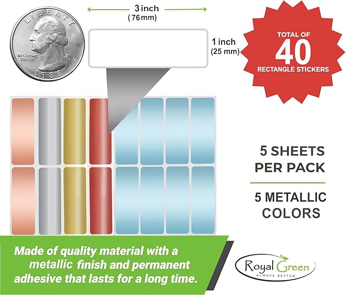 Rectangular Metallic Sticker Labels 3x1 inch (75mm x 25mm) Labeling Sticker Sheets in 5 Metallic Colors 40 - Pack by Royal Green