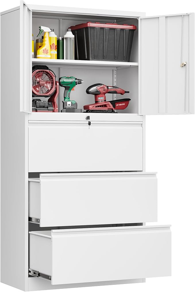 Fesbos 3 Drawers Metal Lateral File Cabinet with Lockable Drawer and Dorrs - White Large Steel Filing Cabinet for Home Office Hanging Files Letter/Legal/F4/A4 Size