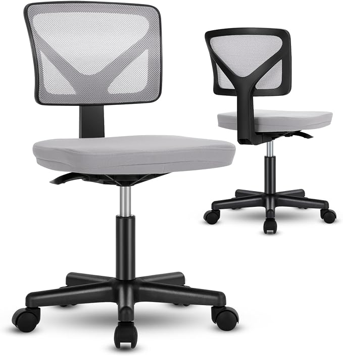 DUMOS Armless Desk Chairs, 2 Pack, Small Home Office Mesh Chairs | Ergonomic Adjustable Mid Back, Swivel Rolling Task, Computer Work Vanity Small Spaces, Light Grey