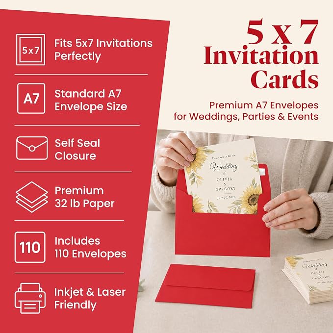 110 5x7 Red Invitation Envelopes - for 5x7 Cards - A7 - (5 ¼ x 7 ¼ inches) - Perfect for Weddings, Graduations, Baby Showers - 120 GSM - 32lb/80lb Text - Peel, Press & Self Seal - Square Flap