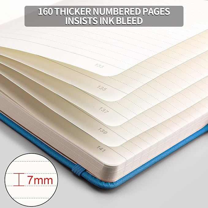 AHGXG Thick Journal Lined Notebook - 320 Numbered Pages A5 Notebook College Ruled Journal for Writing, 100gsm Lined Paper, Leather Hardcover, for Women Men Work Office School, 5.75'' X 8.38''-Blue