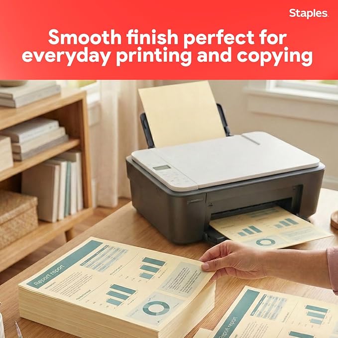 Staples Pastel Recycled Copy Paper, Cream, 20 lb., 8.5" x 11", 500 Sheets – 30% Recycled Multipurpose Paper for Printing & Documents