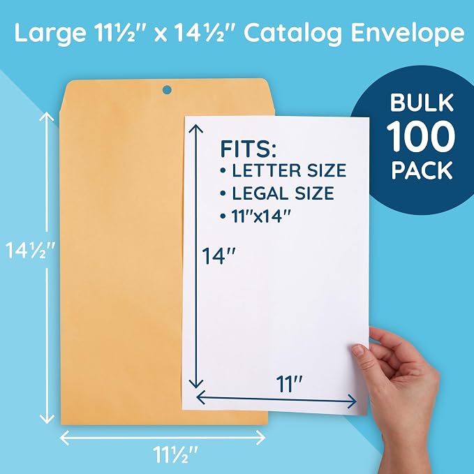 Blue Summit Supplies 100 11.5" x 14.5" Kraft Clasp Envelopes, Gummed Seal | Golden brown kraft, clasp and gummed, for mailing large documents, photos, blueprints, art