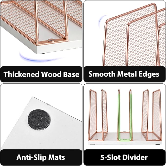 LEKETREE Rose Gold Desk File Organizer, 5-Section Upright File Sorter, Vertical File Folder Holder, Mesh Metal Wood Office Desktop Organization for Document, Magazine, Books and more (Rose Gold)