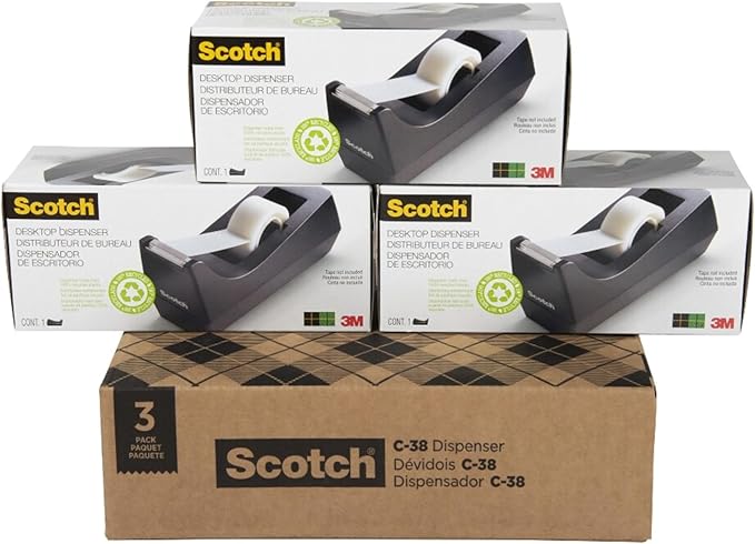 Scotch Desktop Tape Dispenser, Black, 2.7 in. x 2.7 in. x 6.4 in., 3 Tape Dispensers
