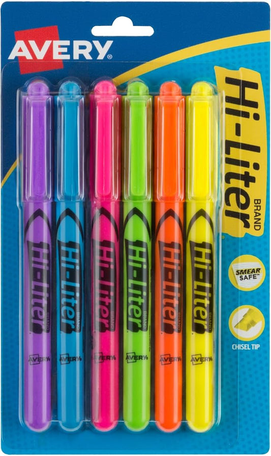 Avery® Hi-Liter® Pen-Style Highlighters, SmearSafe®, Chisel Tip, 6 Assorted Color Highlighters (23585)