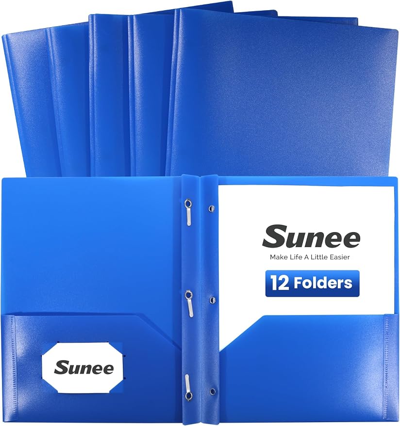 SUNEE 12-Pack Blue Plastic Folders with Pockets and Prongs, Letter Size, 9 x 11.5 in