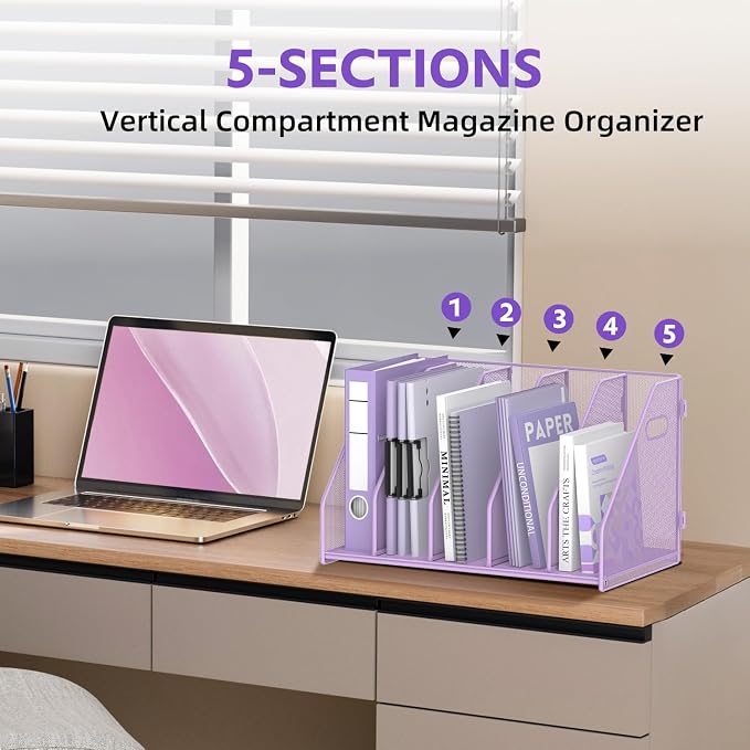 Binder Organizer, Magazine File Holder with 5 Vertical Rack, Purple | Metal Desk File Organizer & Binder Holders, Magazine Organizers for Office Desktop, Home, School, Classroom