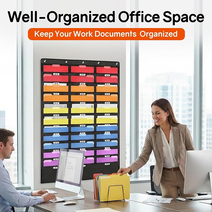 SUNEE 30 Pockets Hanging Wall File Organizer, Black Storage Pocket Chart for File Folder and Paper, Space Saver for Office and Classroom, with Wall Hangers, Over The Door Hooks, Labels