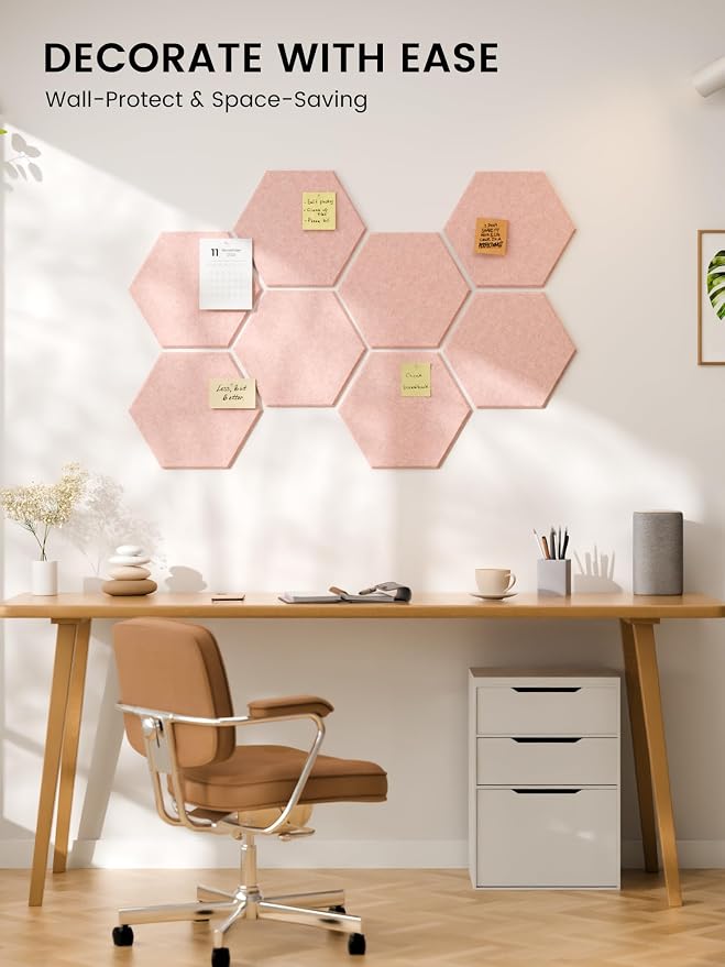 Fluxynara 8-Pack Hexagon Felt Bulletin Board Tiles, Pink-1 | Cork Board Alternative with 50 Adhesive Tabs for Notes, Photos and Reminders in Home Offices, Dorm and Classrooms