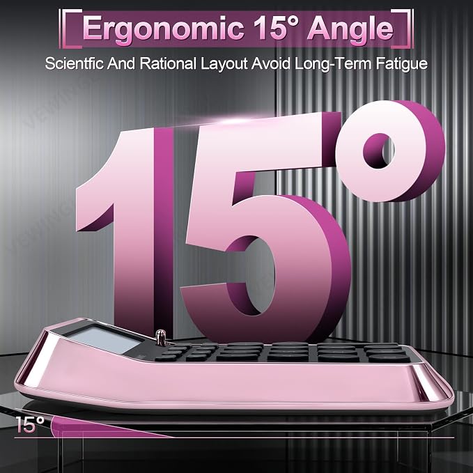 VEWINGL Desktop Calculator, 12 Digit HD Display with% Key | Metallic Vacuum-Plated Surface, Great for Office, School, or Home (Pink Chrome, Non-Voice)