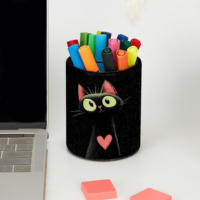 Leather Pen Holder for Desk, Cat Heart Pencil Cup Pen Organizer Makeup Brush Holder for Office Home Kids Countertop Desk Accessory Storage
