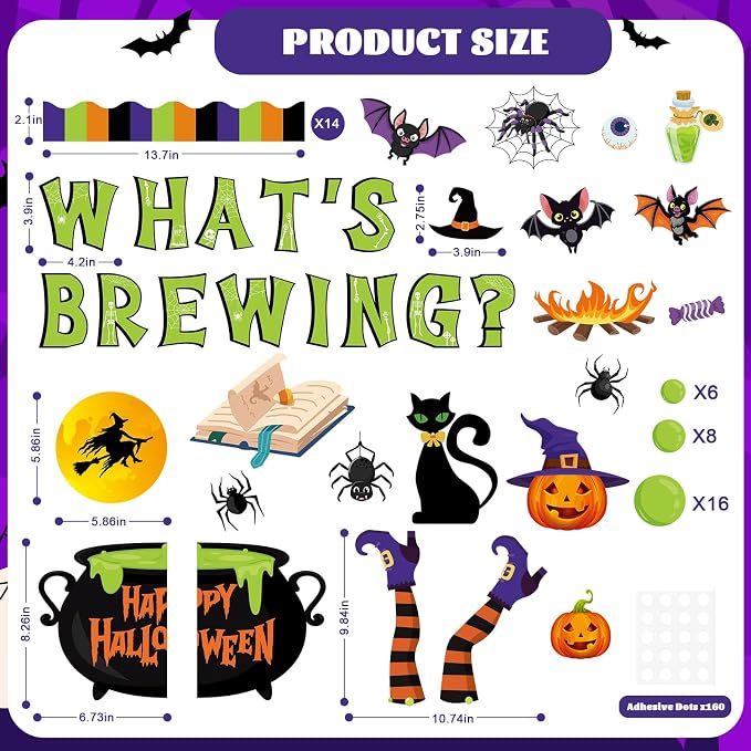 79Pcs Halloween Bulletin Board Decorations Set, What's Brewing Halloween Theme Classroom Decor, Witch Spider Bat Boo Ghost Pumpkin Paper Cutouts for School Office Door Wall Decor
