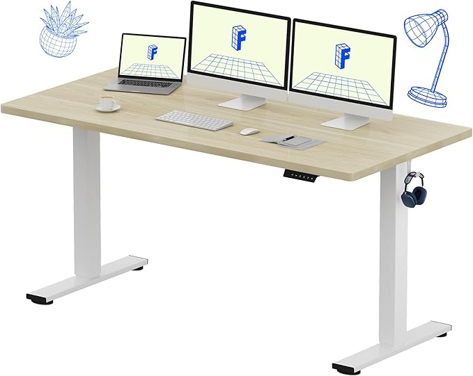 FLEXISPOT EN1 One-Piece Standing Desk with 1-Inch Thick Seamless Desktop, 60"x24" Electric Height Adjustable Desk for Home Office, Multi-Monitor Setups & Easy Assembly, White Wood Grain