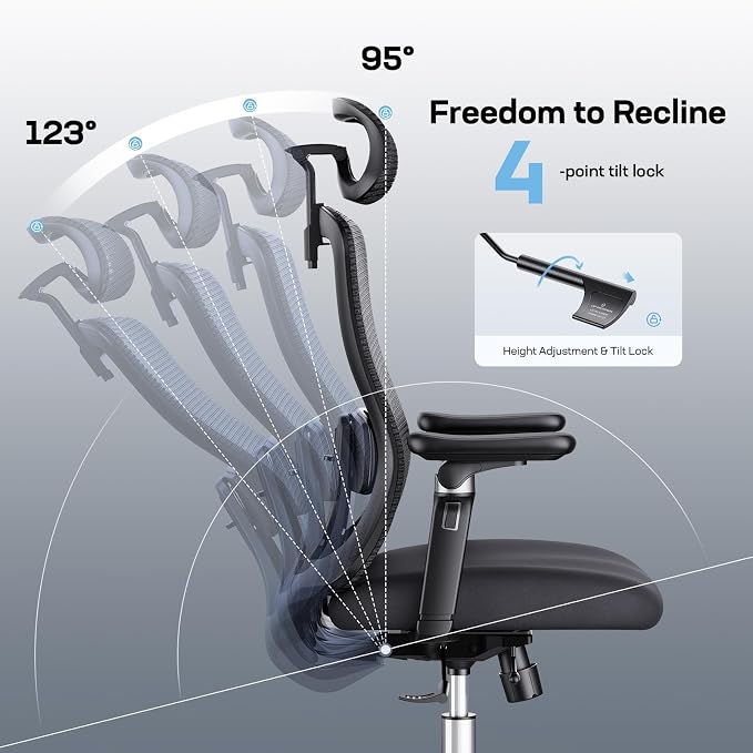 Marsail Ergonomic Office Chair with 6D Armrests, 3D Adjustable Headrest, Slide Seat, Lumbar Support, and 4-Position Tilt Lock – Big and Tall Office Chair with 330 lbs Capacity, Pack of 5