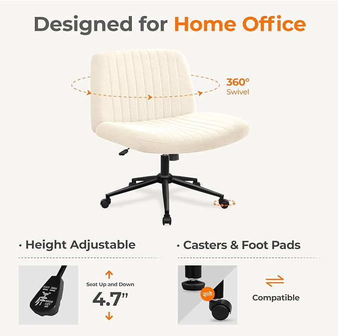 NEO CHAIR Criss Cross Chair with Wheels Armless Cross Legged Office Desk Wide Comfy Vanity Makeup Chair Adjustable Swivel Rolling Computer for Home Office Fabric (Beige) | Cross-Legged Friendly Design, Dual Base with Wheels or Pads, 360° Swivel & Heigh...
