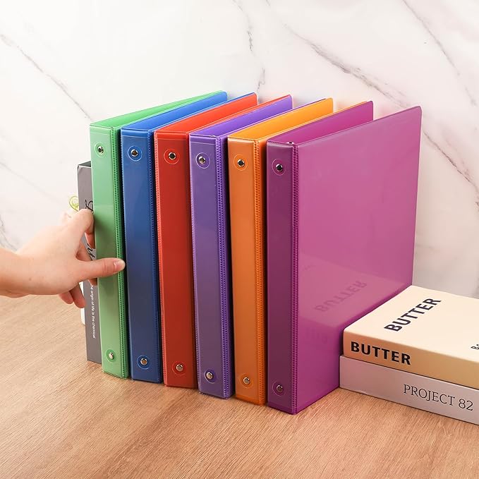 3 Ring Binder - 6 Pack, 1 Inch Binder with 2 Interior Pockets & Clear View Overlay, Large Capacity, Round Ring Binders for Office Supplies, School & Home (6 Colors, Rainbow Colors)