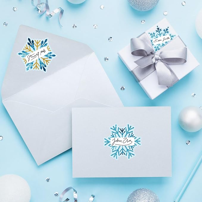 Whaline 90Pcs Christmas Winter Name Tag Stickers Blue Gold Snowflake Shape Nameplates Xmas Self-Adhesive Gift Label Decals for Holiday Present Students Desk Classroom, 9 Designs