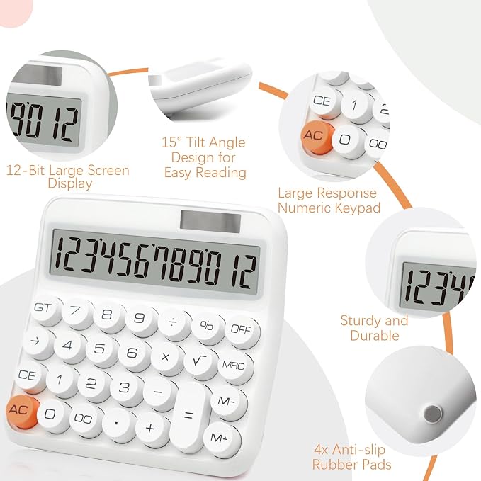 White Calculator, Big Button Calculator with Large LCD Display | White Calculator for Desk , Solar Calculator Powered by 2 Modes, White Desk Accessories