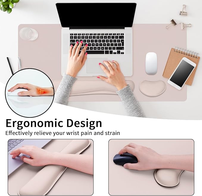 Desk Mat Set， Wrist Rest for Computer Keyboard, 3-in-1 Large Mouse Pad and Keyboard Wrist Rest Set, Non-Slip Desk Mat Protector for Office, Home(27.5×13.8 Inches, CreamPI)