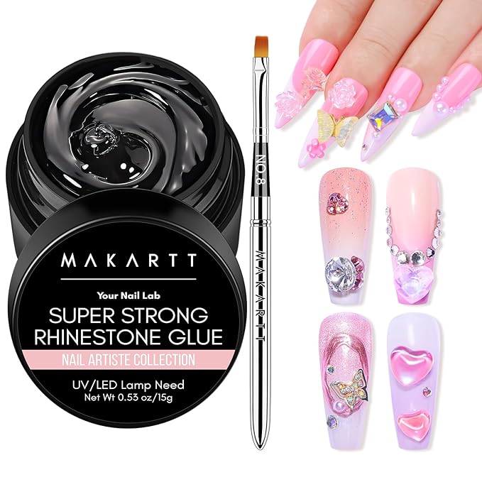 Makartt Rhinestone Glue for Nails, 15ml Clear Nail Gem Adhesive with Brush Kit for 3D DIY Decorations, Super Strong Bling Gel for Jewelry Diamonds