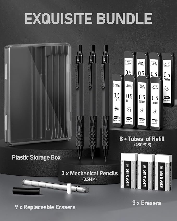 Four Candies 0.5mm Mechanical Pencil Set with Case, 3PCS Metal Artist Lead Pencil with 8 Tubes (480PCS) HB Lead Refills, 3 Erasers, 9 Eraser Refills For Engineer Art Writing Drawing Drafting, Black