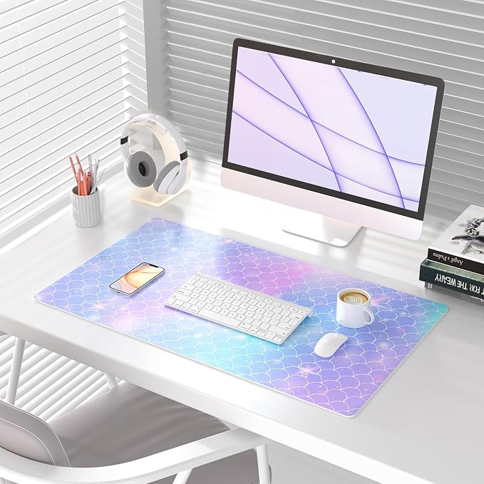 QiyI PU Leather Large Mouse Pad, 31.5" x 15.7", Gradient Fish Scales | Desk Décor Accessories, Extended Size, Waterproof & Easy to Clean, Smooth Surface, Non Slip Desk Organization