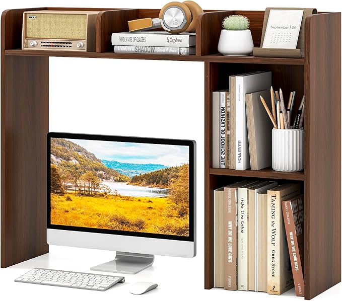 Tangkula Desktop Bookshelf, Countertop Storage Hutch with Shelves for Computer Desk, Desk 3-Tier Display Rack, Multipurpose Wood Desktop Hutch Storage Organizer for Dorm Office (Walnut)