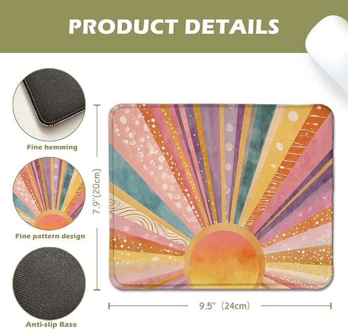 Colorful Boho Sun Sunburst Mouse Pad for Desk 9.5x7.9in | Boho Office Supplies,Abstract Mid Century Modern Sunshine Mousepad Mouse Mat for Home Office Dorm Computer Laptop Accessories