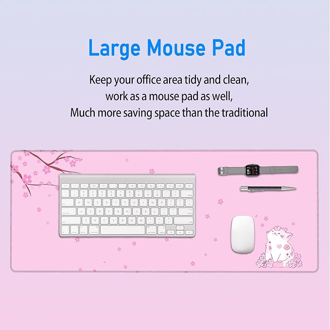 Pink Cute Anime Desk Mat,Cherry Blossom Cat Girly Mousepad,31.5x12in | XL Large Japanese Gaming Mouse Pad for Women Girls,Pastel Sakura Aesthetic Office Desk Decor Keyboard Mat,80x30 cm