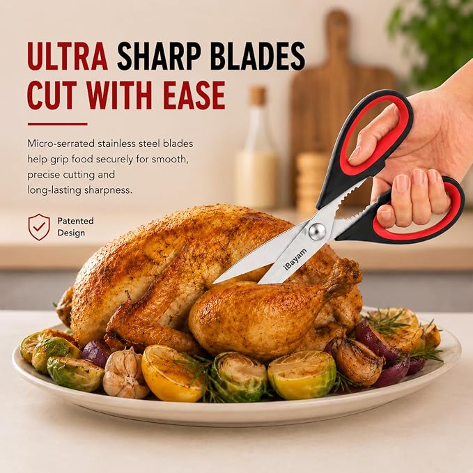 iBayam 3-Pack 8.7" Kitchen Scissors All Purpose Heavy Duty Shears w/Sheath | Soft Comfort Grip, Dishwasher Safe, Stainless Micro-Serrated Edge Blades, Cooking Poultry Herbs Meat Seafood Tools