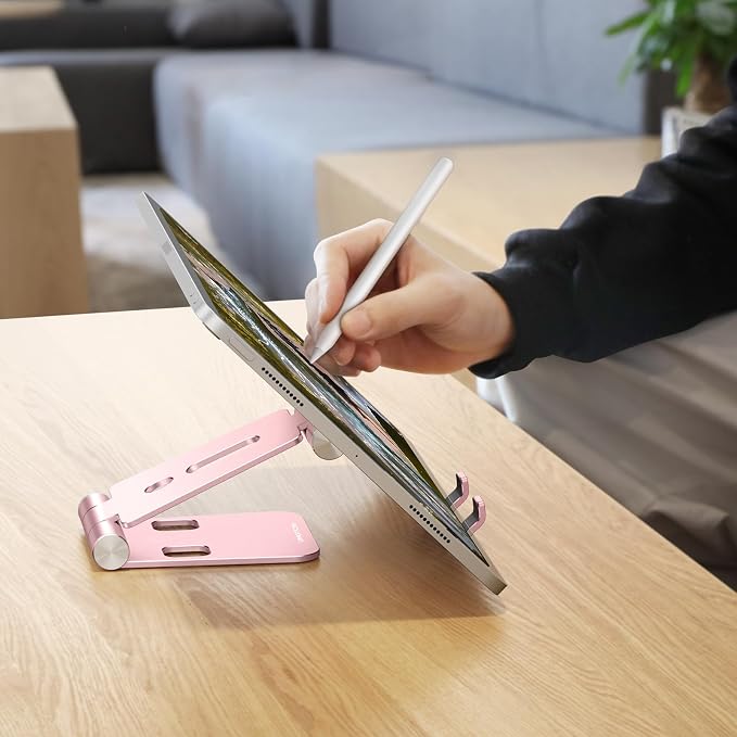 OMOTON Foldable Cell Phone Stand, C4 Portable Aluminum Phone Holder | Adjustable Phone Dock Cradle Compatible with iPhone 17/16/15/14 Pro Max, Samsung Galaxy, Small Tablets, All Phones, Rose Gold