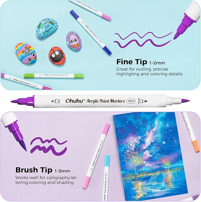 Ohuhu Acrylic Paint Markers Dual Tips: 36 Colors Brush & Fine Paint Pens High Opacity Acrylic Markers Waterproof Lightfast for Rock Painting 3D Prints Egg Wood Glass Ceramic DIY Crafts - Akaka