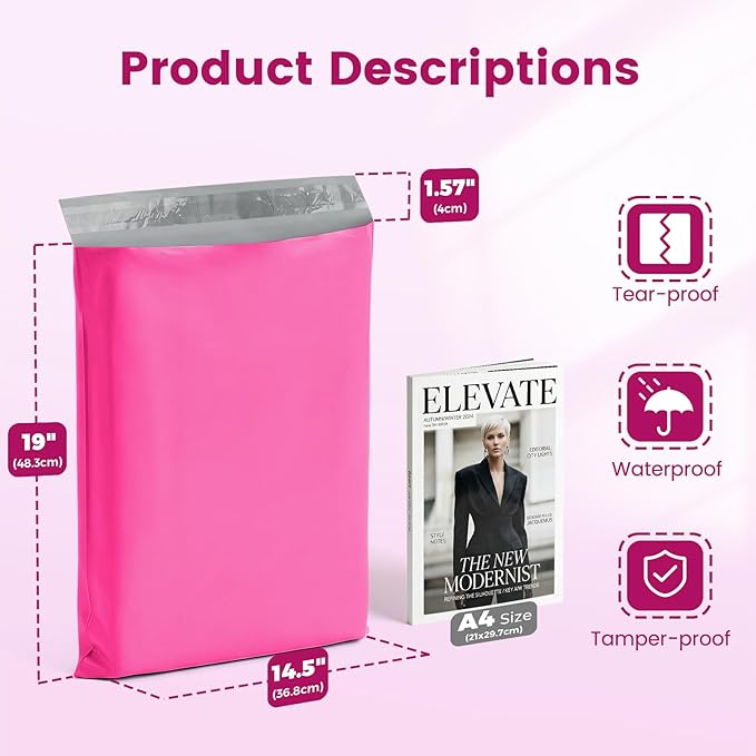 Metronic Pink Poly Mailers 14x19 400 Pack, Heavy Duty Shipping Bags Bulk Self Seal Waterproof Tear Resistant Large Mailing Envelopes, Packaging bags for Small Business, Boutique, Clothing
