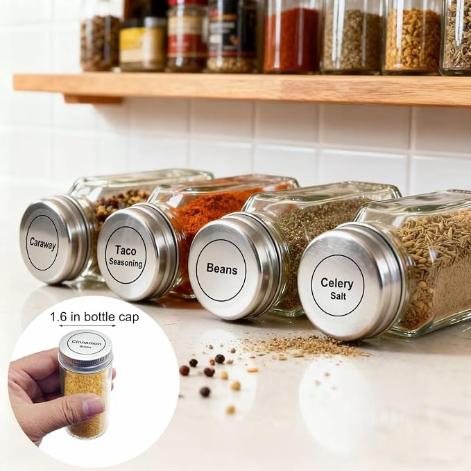 Spice Labels, 432Pcs Spice Labels Stickers 1.4in Waterproof Adhesive Round Preprinted Spice with Blank Label Black Tear Resistant Sticker for Kitchen Jars Caps Food Containers Organizers