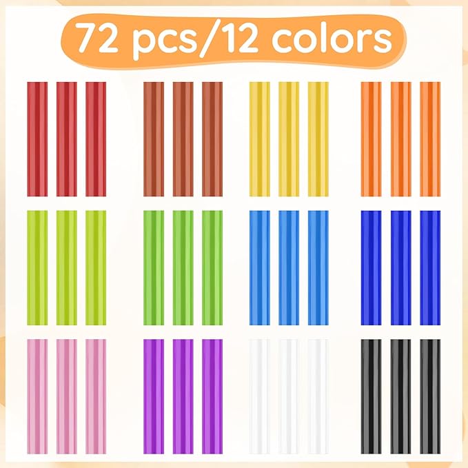 72 Pack Colored Hot Glue Sticks Bulk, 8 x 0.27in 12 Colors Hot Glue Sticks Mini for Hot Glue Gun, Wax Seal Stamp Crafting DIY Art Cards Decoration, Car Dent Repair