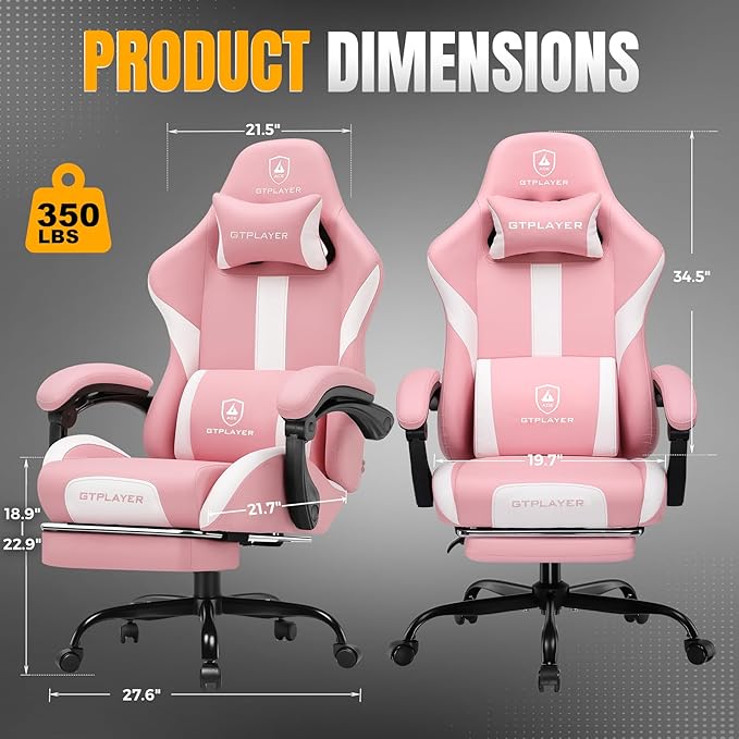 GTPLAYER Gaming Chair with Foot Rest & Pocket Spring Cushion, Ergonomic High Back Computer Chair with Headrest & 360°-Swivel Seat for Home Office Desk, PU Leather, Pink