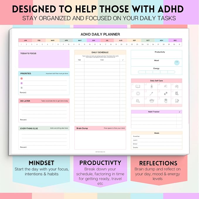 ADHD Daily Planner Notepad for Neurodivergent Adults - Productivity Daily Planner Desk Pad & Task Management to Stay Organized and Focused Note Pad (Rainbow, A4 Landscape)
