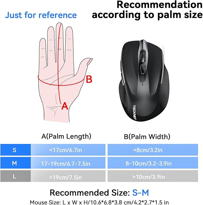 TECKNET Wireless Mouse (2.4G & BT5.0/3.0) Silent 4800 DPI Computer USB A & Bluetooth Mouse 6 Buttons, Wide Compatibility - Black