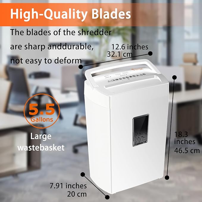Bonsaii 12-Sheet Crosscut Paper Shredder for Home Office, P-4 Security, 5-Minute Continuous Run Time, Overheat Protection, 5.5-Gallon Bin with Clear Window & Handle, Compact White Design