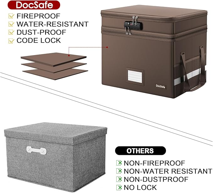 DocSafe File Box with Lock,Multi-Layer Fireproof Document Box Collapsible File Storage Organizer with Pockets/Handle,Large Portable Home Office Filing Box for Hanging Letter/Legal Size Folders,Brown