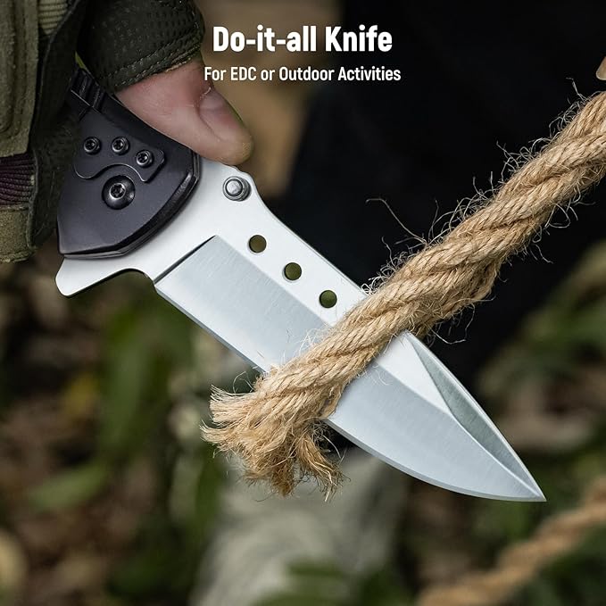 Pocket Knife for Men - Sharp Blade Wood Handle Pocket Folding Knives with Clip, Glass Breaker - EDC Knives for Survival Camping Fishing Hiking Women, Large, Black-Silver