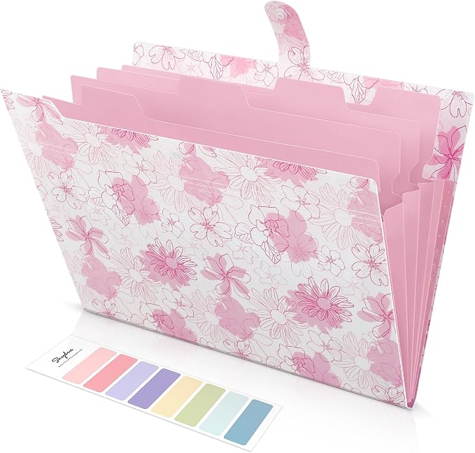 SKYDUE Accordion File Organizer, Floral Expanding File Folders with 5 Pockets, Cute Document Organizer for Paper Bills Receipt Storage, School Office & Hospital Supplies Letter/A4 Size Pink