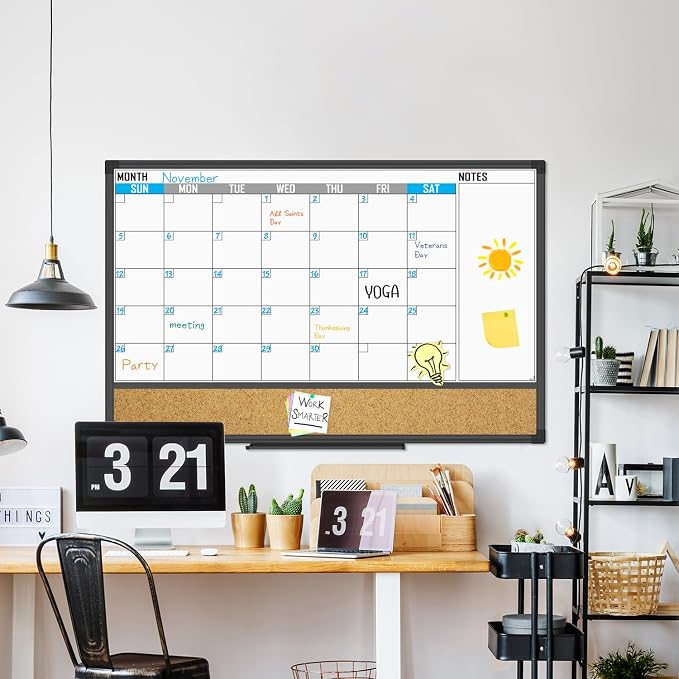 XBoard Monthly Whiteboard Calendar with Cork Board, 36" X 24" | Magnetic Dry Erase Calendar and Corkboard Combo for Planning Organization