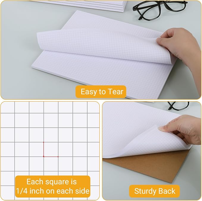 zmybcpack 6 Pack 8.5"X11" Graph Paper Pads, Grid Writing Pads | Engineering Paper for Maths Drawing, Drafting, Each Pad 50 Sheets, Double Side Printed, 4x4 Graph Ruled
