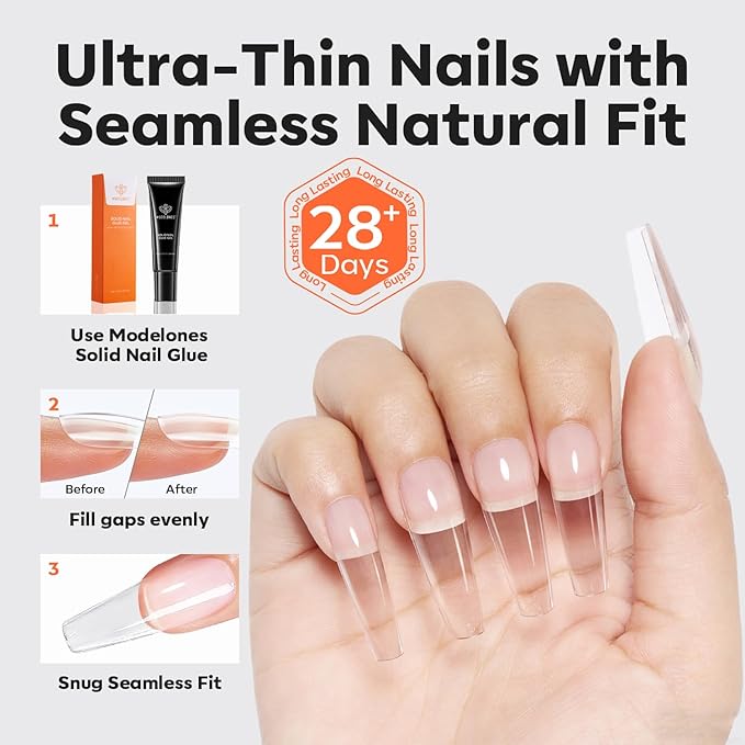 modelones Pro Luxe Instant Nail Apex Tips 15 Sizes, Long Coffin Extension Gel Tips Pre-building & Pre-etched Thicker Strength Acrylic Fake Nails Full Cover 120 Pcs